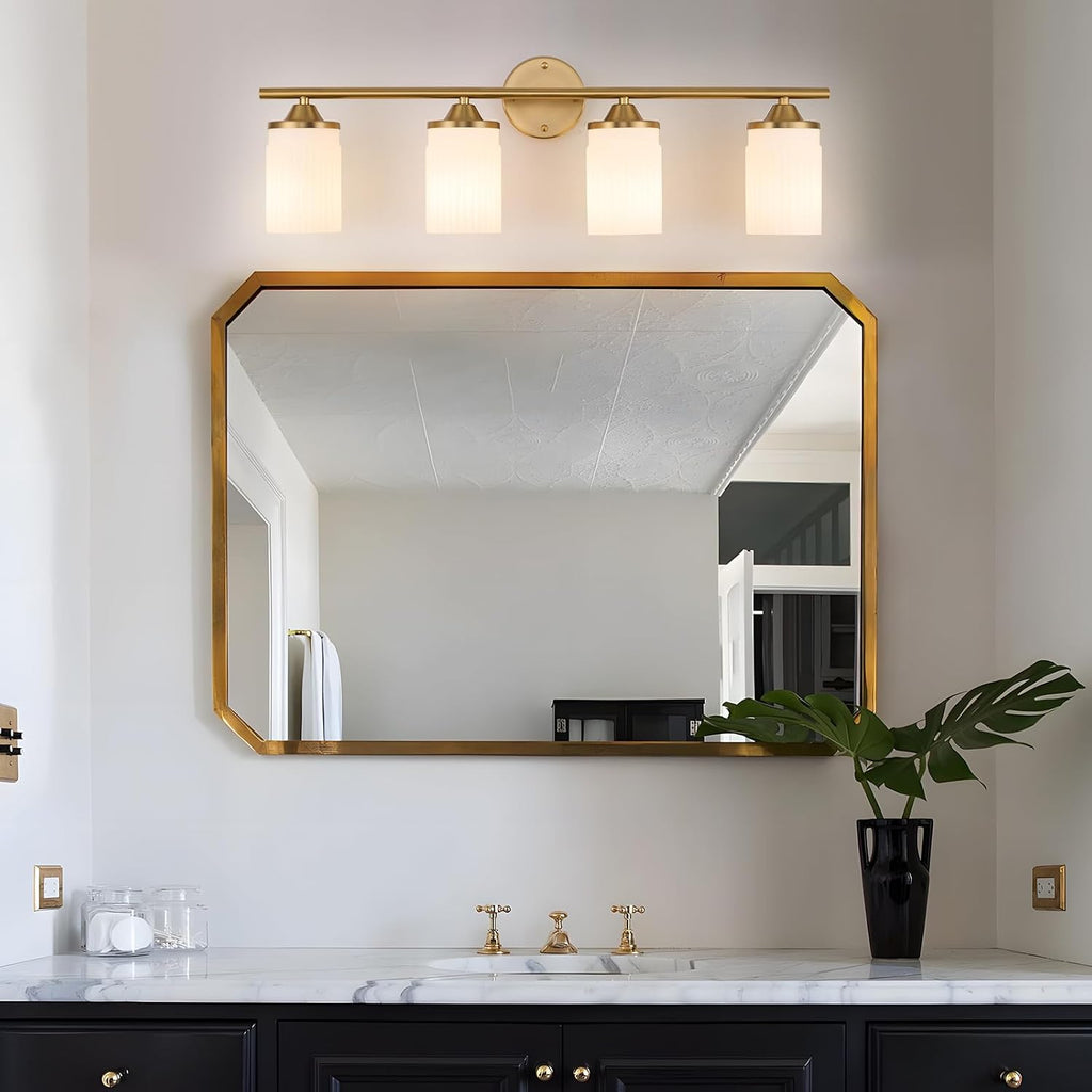 Jonsi Gold Bathroom Light Fixtures 4-Light Vanity Lights Modern Wall Sconce with Milk White Shade Brushed Brass Bathroom Light Fixture Over Mirror for Bedroom Hallway Kitchen