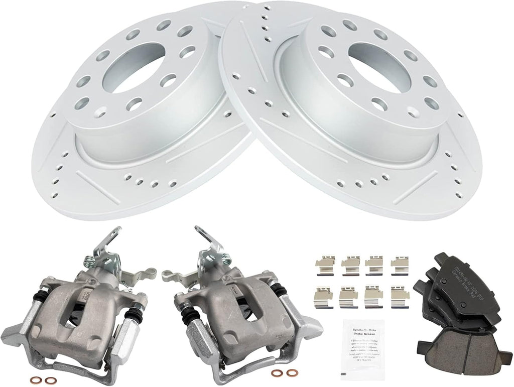 TRQ Performance Rear Brake Pad and Rotor Set Ceramic Slotted Drilled G Coated Calipers Hardware Compatible with 2010 Volkswagen Jetta