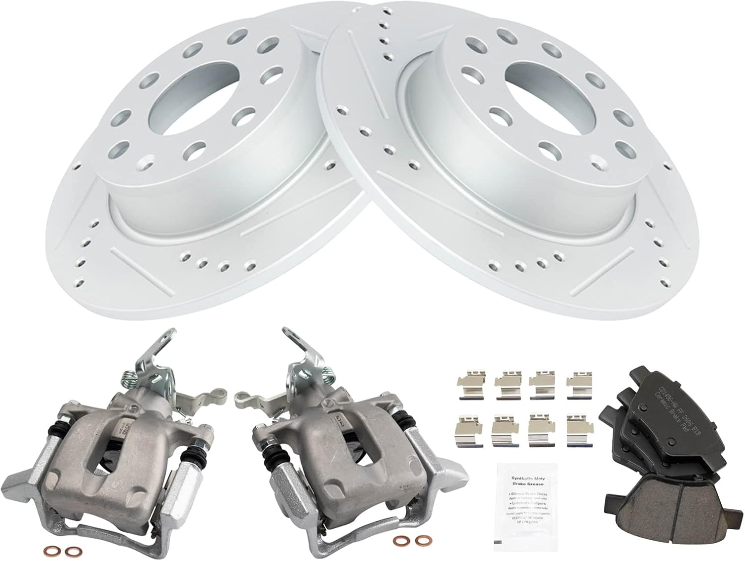 TRQ Performance Rear Brake Pad and Rotor Set Ceramic Slotted Drilled G Coated Calipers Hardware Compatible with 2010 Volkswagen Jetta
