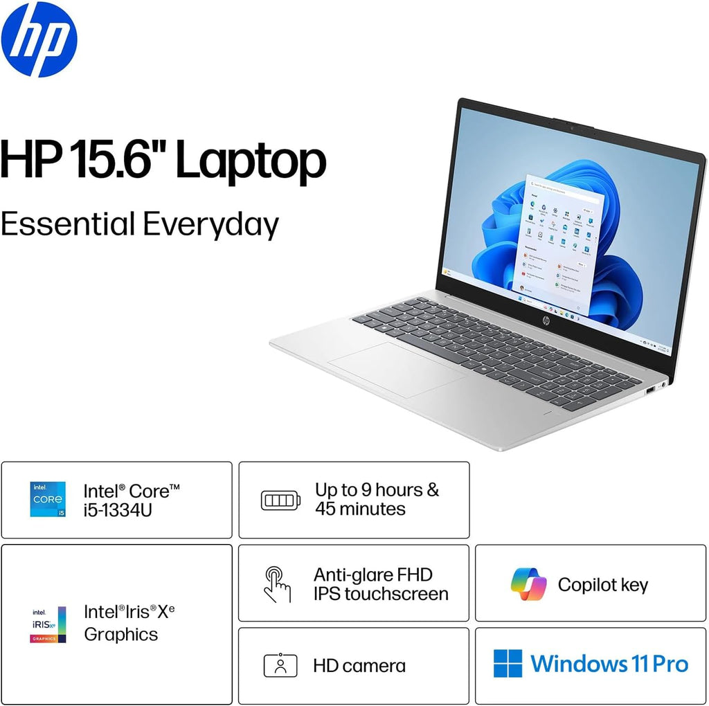 HP 15.6' Business Laptop with Lifetime Office, Intel Core i5-1334U, 15.6' FHD IPS Touchscreen Display, 16GB RAM, 1TB SSD, Copilot, Intel Iris Xe Graphics, 128GB Portable SSD, Windows 11 Pro