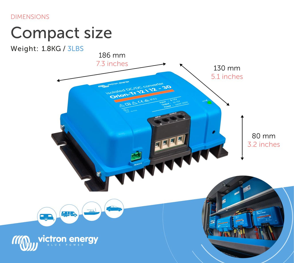 Victron Energy Orion-Tr DC to DC Converter - 12/12-Volt 30 amp 360-Watt - IP43 Protected - for Dual Battery Systems - Isolated