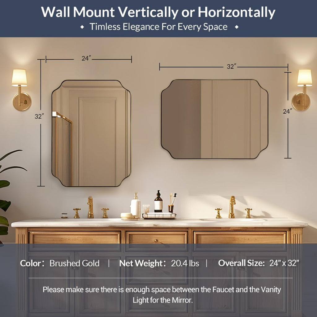 MIRRORART Gold Bathroom Mirrors 24x32 Inch, Brushed Brass Scalloped Mirrors for Bathroom, Notched Corner Rectangle Mirror in 1'' Stainless Steel Metal Frame Hang Vertical/Horizontal Home Remodel