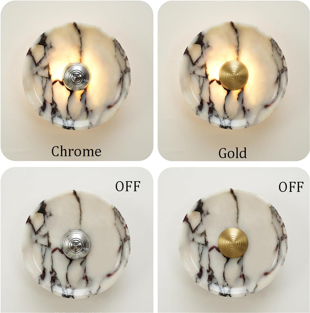 Wabi Vintage Natural Marble Wall Sconce - Circular Alabaster LED Lamp for Bathroom & Home with Gold/Silver Iron Details(Silver)