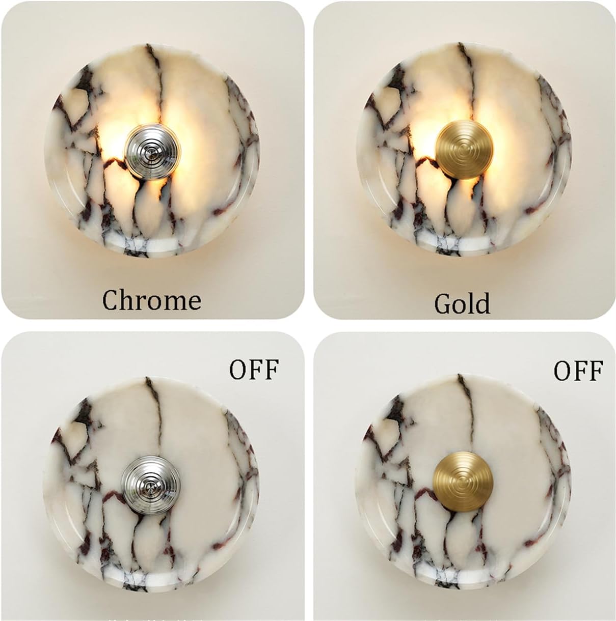 Wabi Vintage Natural Marble Wall Sconce - Circular Alabaster LED Lamp for Bathroom & Home with Gold/Silver Iron Details(Silver)