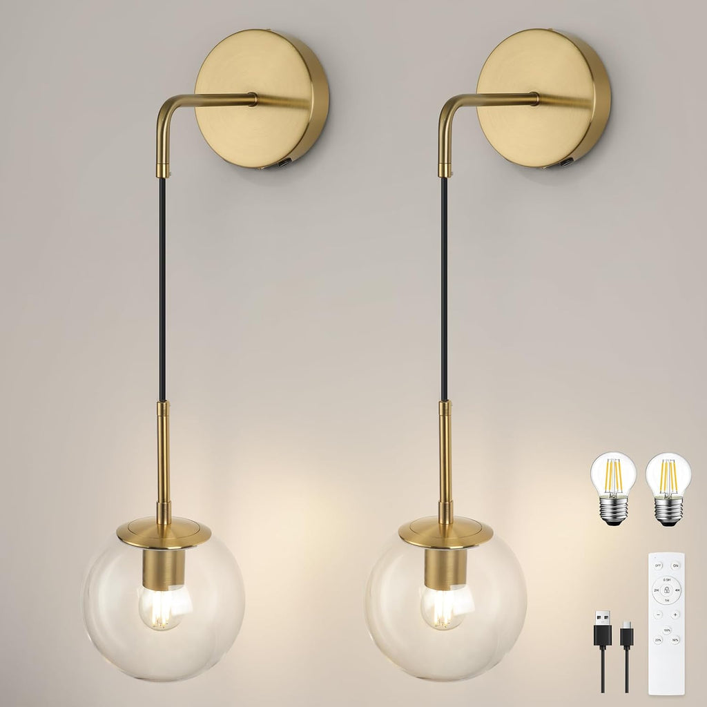 Battery Operated sconces Set of 2 Glass Globe Rechargeable Wall Light Fixture Wireless Wall Lights with Clear Glass Shade for Living Room, Hallway, Bedroom(2 Pack)