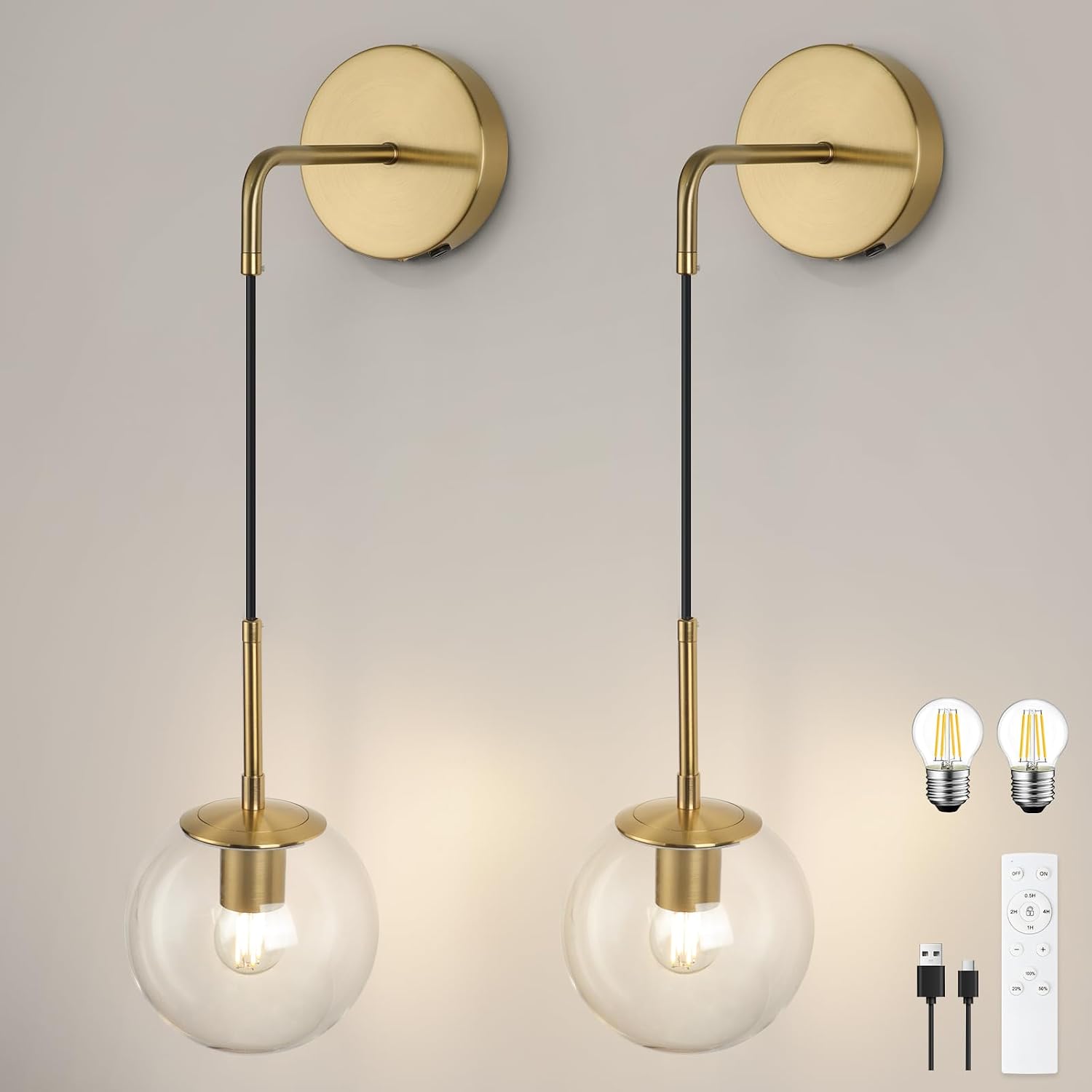 Battery Operated sconces Set of 2 Glass Globe Rechargeable Wall Light Fixture Wireless Wall Lights with Clear Glass Shade for Living Room, Hallway, Bedroom(2 Pack)