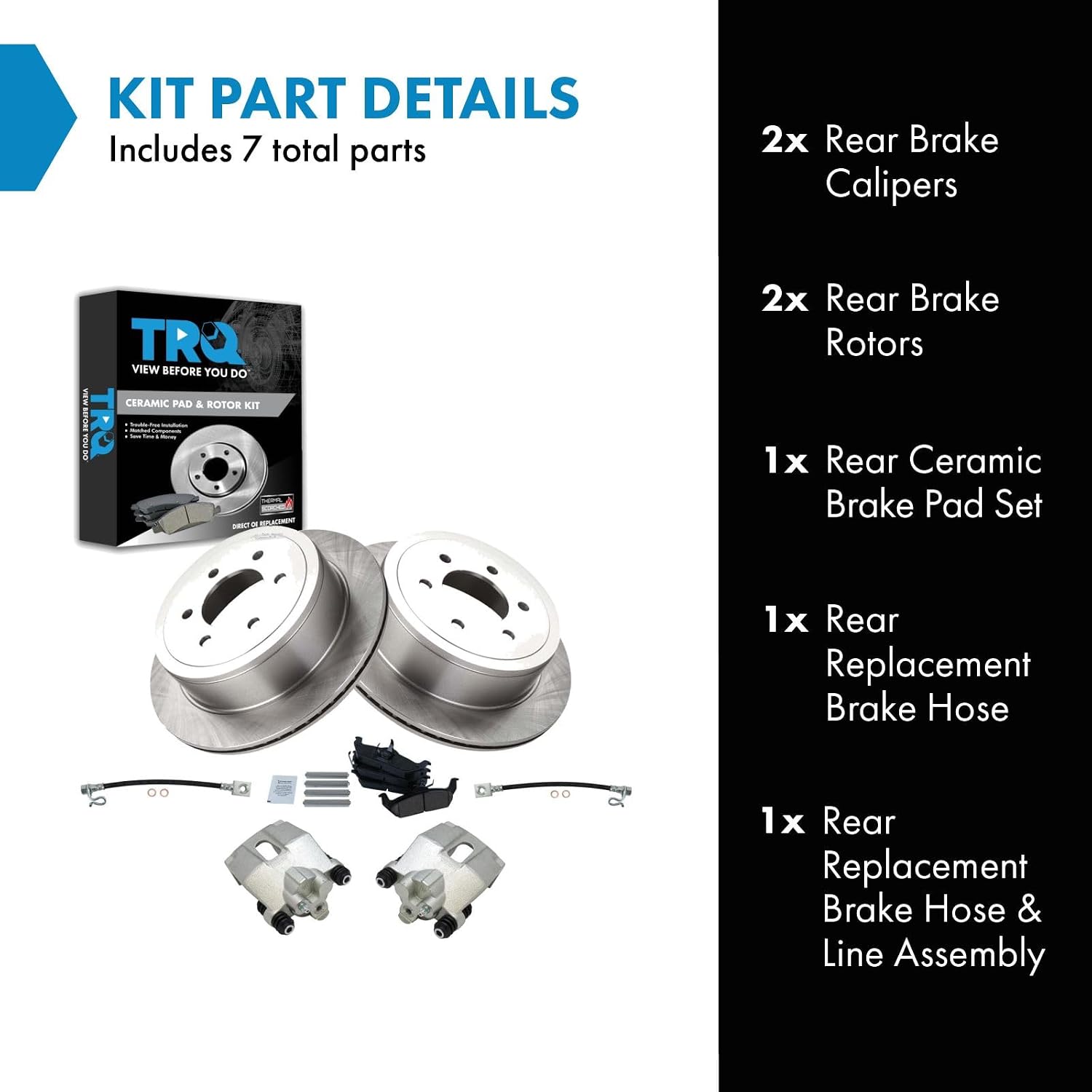 TRQ Rear Brake Pad and Rotor Set Ceramic Rotors Calipers Hose Compatible with 2004-2008 Ford F-150 2006-2007 Lincoln Mark LT