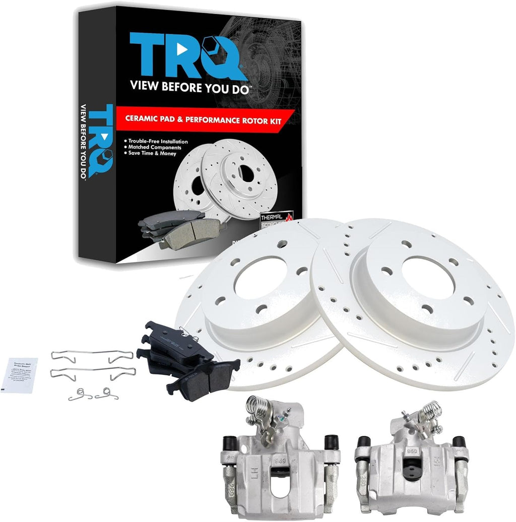 TRQ Performance Rear Brake Pad and Rotor Set Ceramic Solid Coated Rotors Calipers Compatible with 2009-2013 Mazda 3