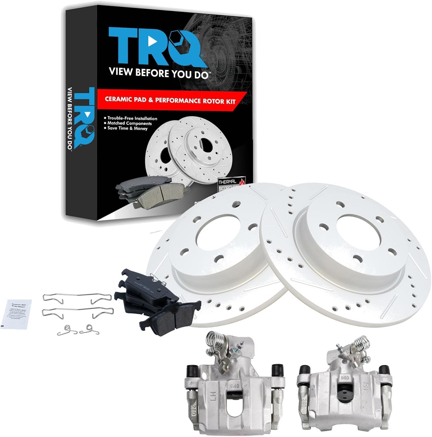 TRQ Performance Rear Brake Pad and Rotor Set Ceramic Solid Coated Rotors Calipers Compatible with 2009-2013 Mazda 3