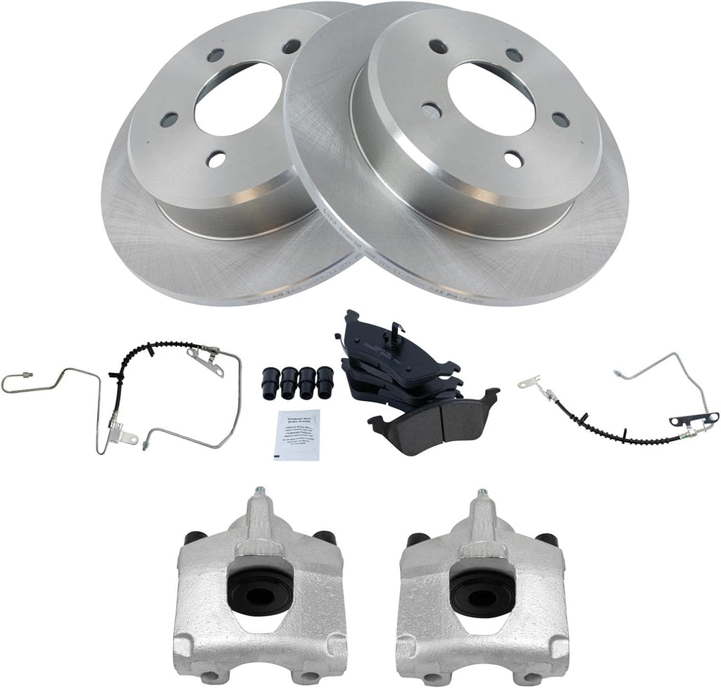 TRQ Rear Brake Pad and Rotor Set Ceramic Rotors Calipers Hoses Compatible with 2001-2002 Dodge Caravan