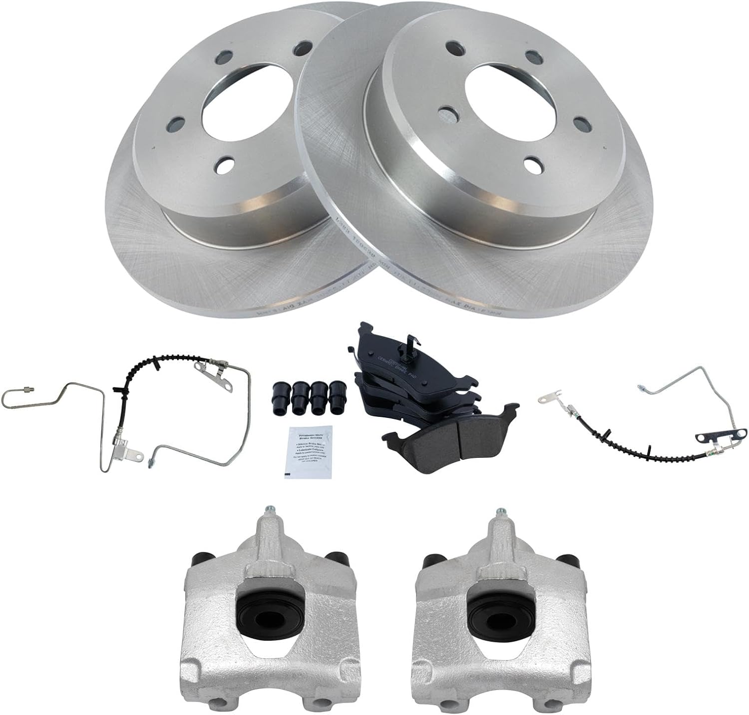 TRQ Rear Brake Pad and Rotor Set Ceramic Rotors Calipers Hoses Compatible with 2001-2002 Dodge Caravan