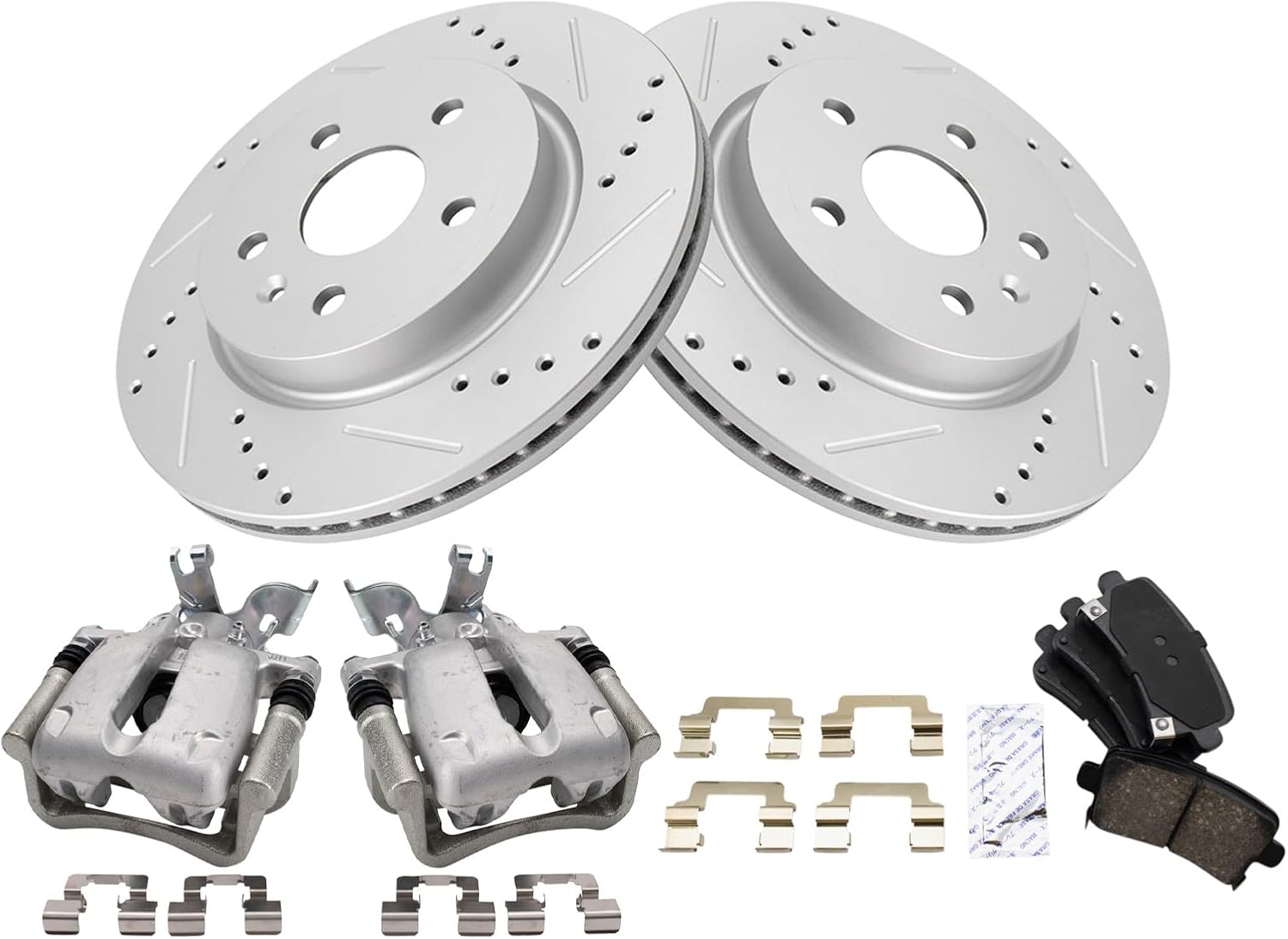 TRQ Performance Rear Brake Pad and Rotor Set Ceramic Vented Coated Rotors Calipers Compatible with 2014-2015 Chevrolet Malibu 2016 Malibu Limited