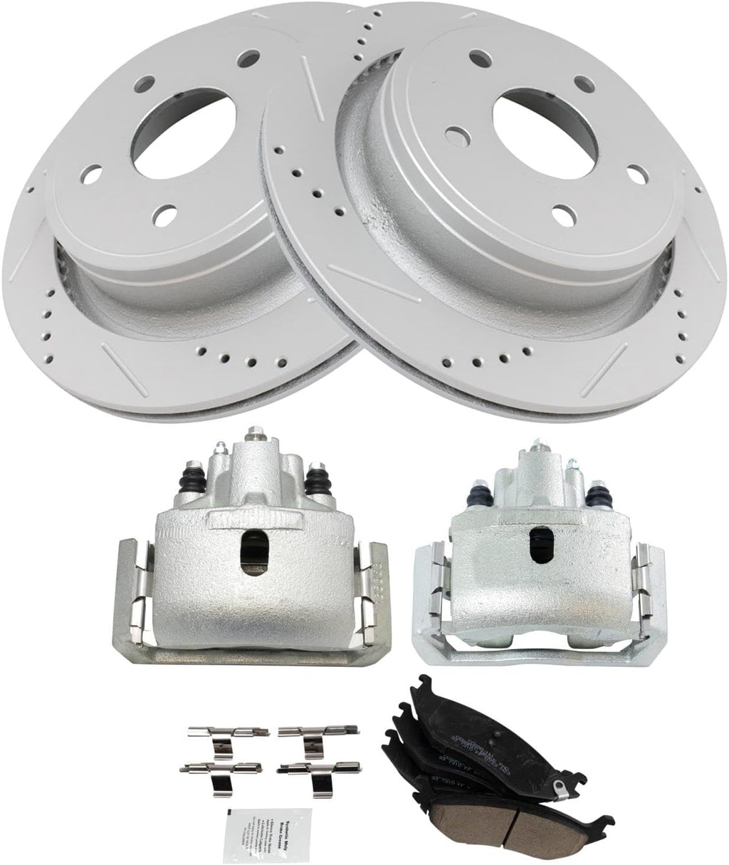 TRQ Rear Brake Pad and Rotor Set Ceramic Drilled Slotted Coated Vented Rotors Calipers Compatible with 2002-2010 Dodge Ram 1500 2005-2009 Durango 2007-2009 Chrysler Aspen 2011-2018 Ram 1500