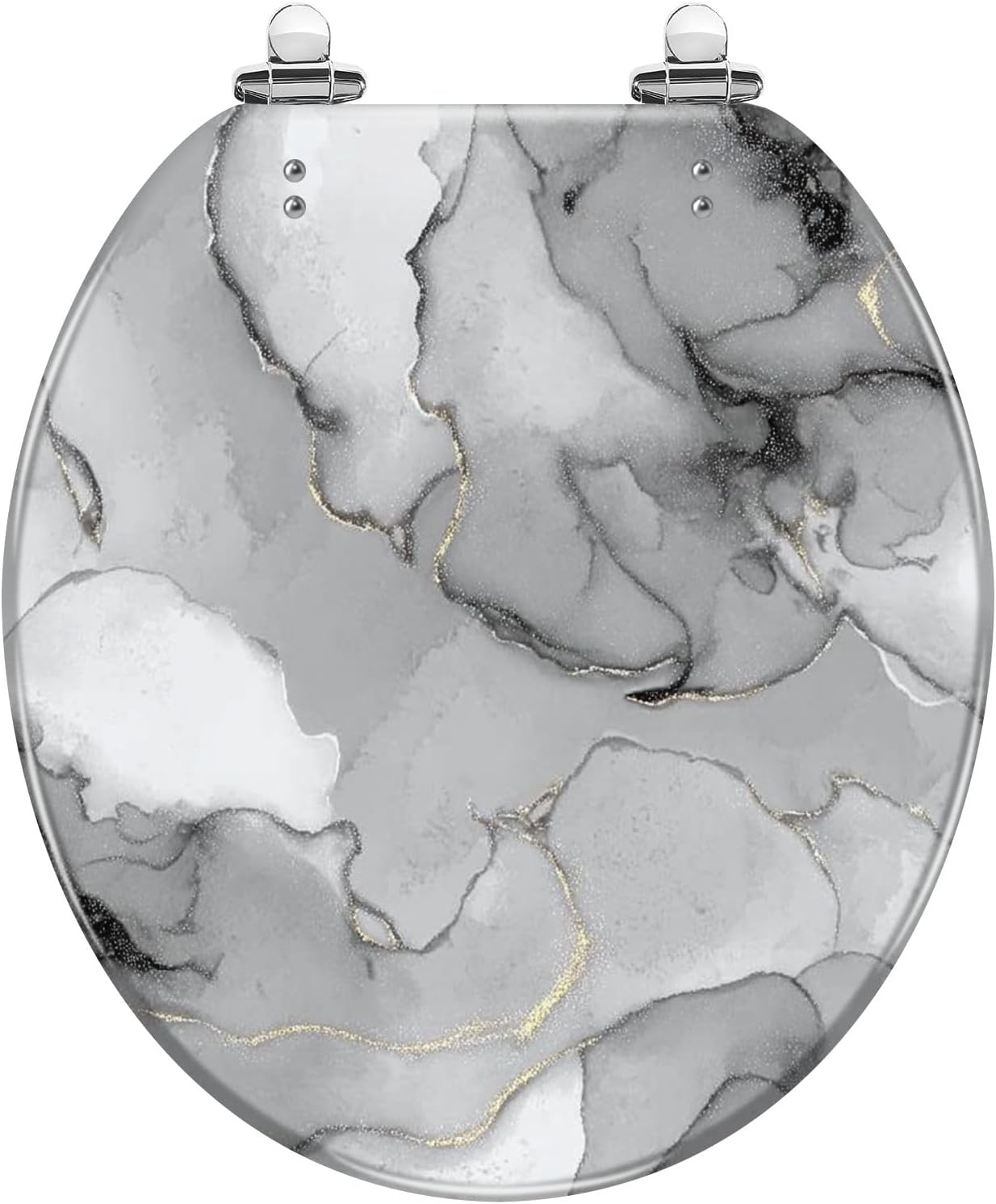 Round Toilet Seat Grey Marble Watercolor Stone Silver Alcohol Ink Gold Marble Resin Toilet Seat with Quietly Close Quick Release Hinges Decorative Toilet Seat with Cover Easy to Clean and Install