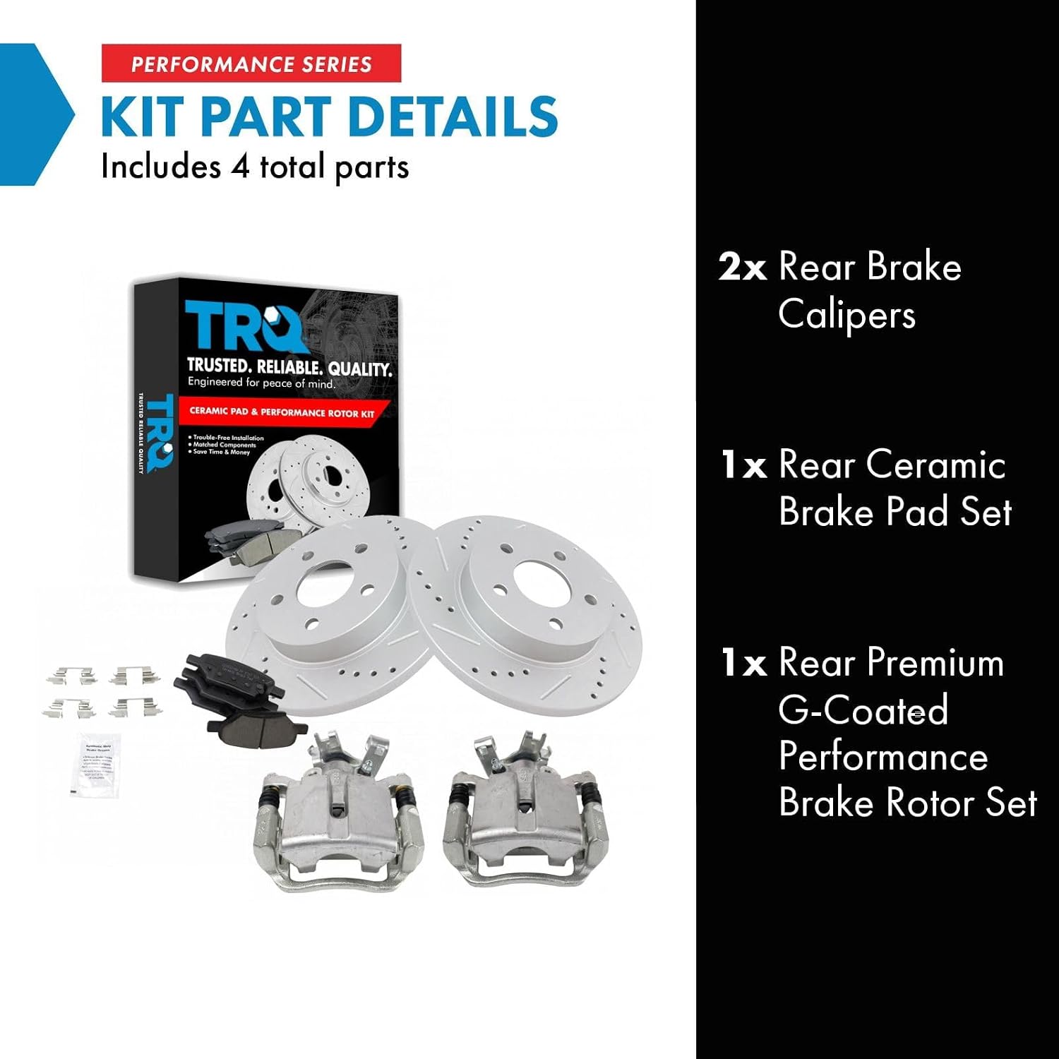 TRQ Performance Rear Brake Pad and Rotor Set Ceramic Coated Drilled Slotted Vented Rotors Calipers Compatible with 04-12 Chevrolet Malibu 05-07 Cobalt 05-10 Pontiac G6 07-09 Saturn Aura