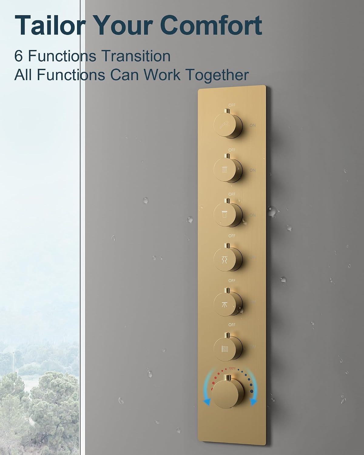 Luxury LED Shower System, 28' x 16' Ceiling Mount Bluetooth Music Speaker 4 Function Shower Head with 6 Body Jets, Brushed Gold
