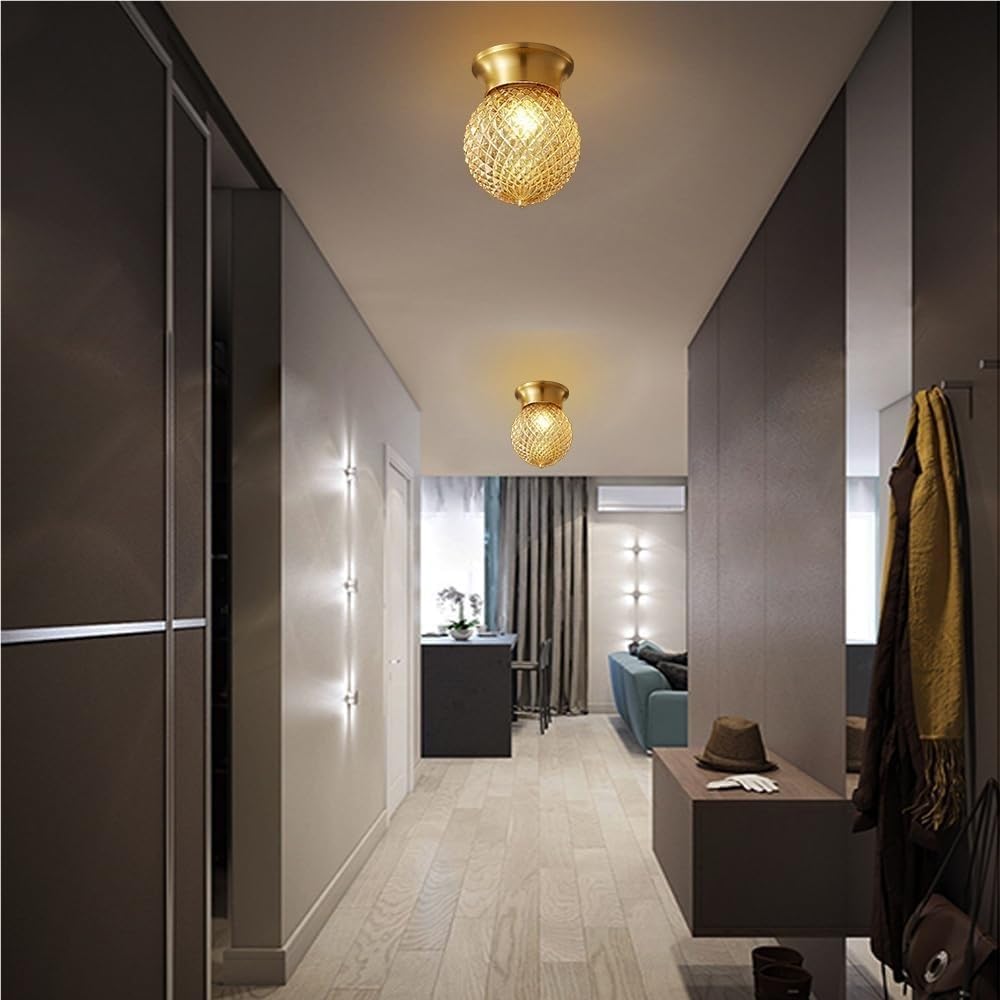 Flush Mount Ceiling Light Modern Brass Fixture with Textured Glass Globe Shade E27 Base Gold Tone Lamp for Hallway Entryway Balcony Small Spaces Home Decor(A)
