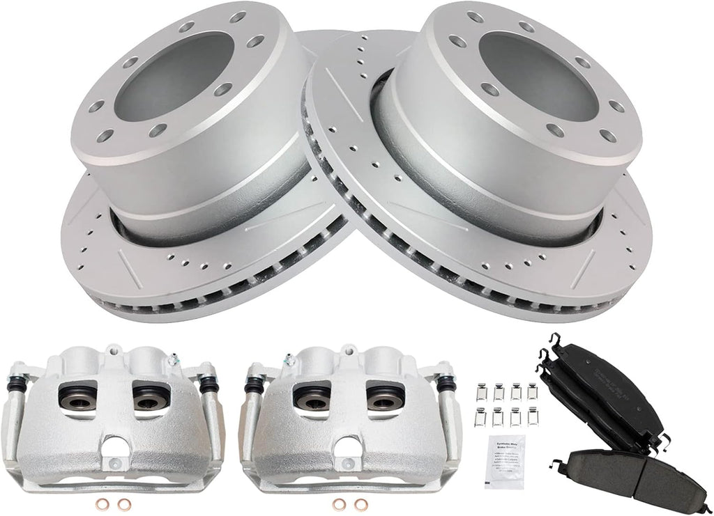 TRQ Rear Performance Brake Pad, Caliper, & Rotor Kit Ceramic Vented Premium G-Coated Compatible with 2009-2010 Dodge Ram 2500, 3500 2012 Ram 1500 2011-2018 2500 3500