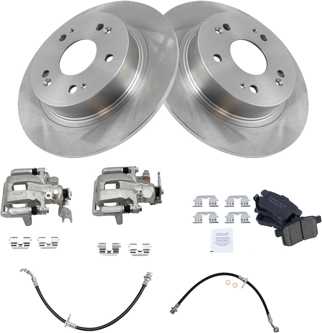 TRQ Rear Brake Pad and Rotor Set Ceramic Rotors Calipers Hoses Compatible with 2009-2014 Acura TSX 2008-2012 Honda Accord
