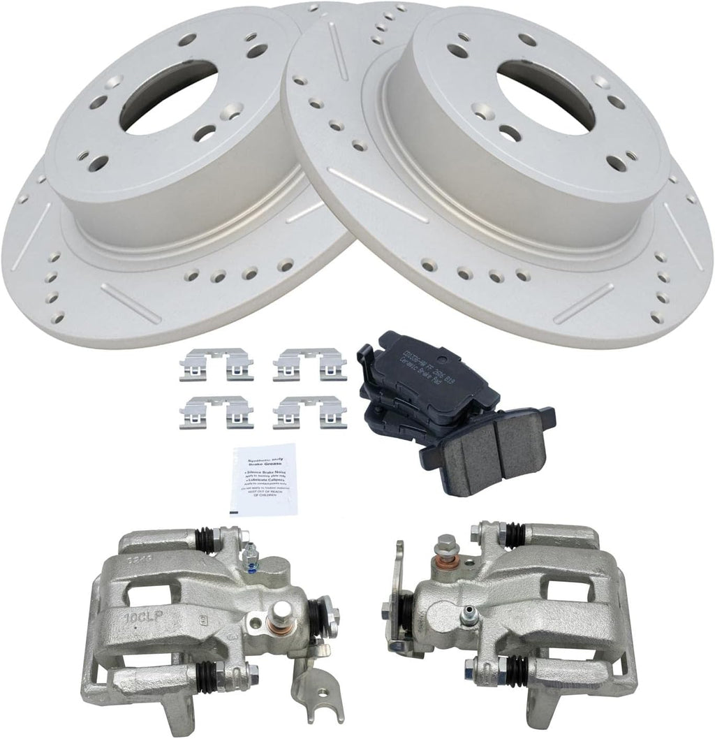 TRQ Performance Rear Brake Pad and Rotor Set Ceramic Coated Drilled Slotted Vented Rotors Calipers Compatible with 2009-2014 Acura TSX 2008-2012 Honda Accord