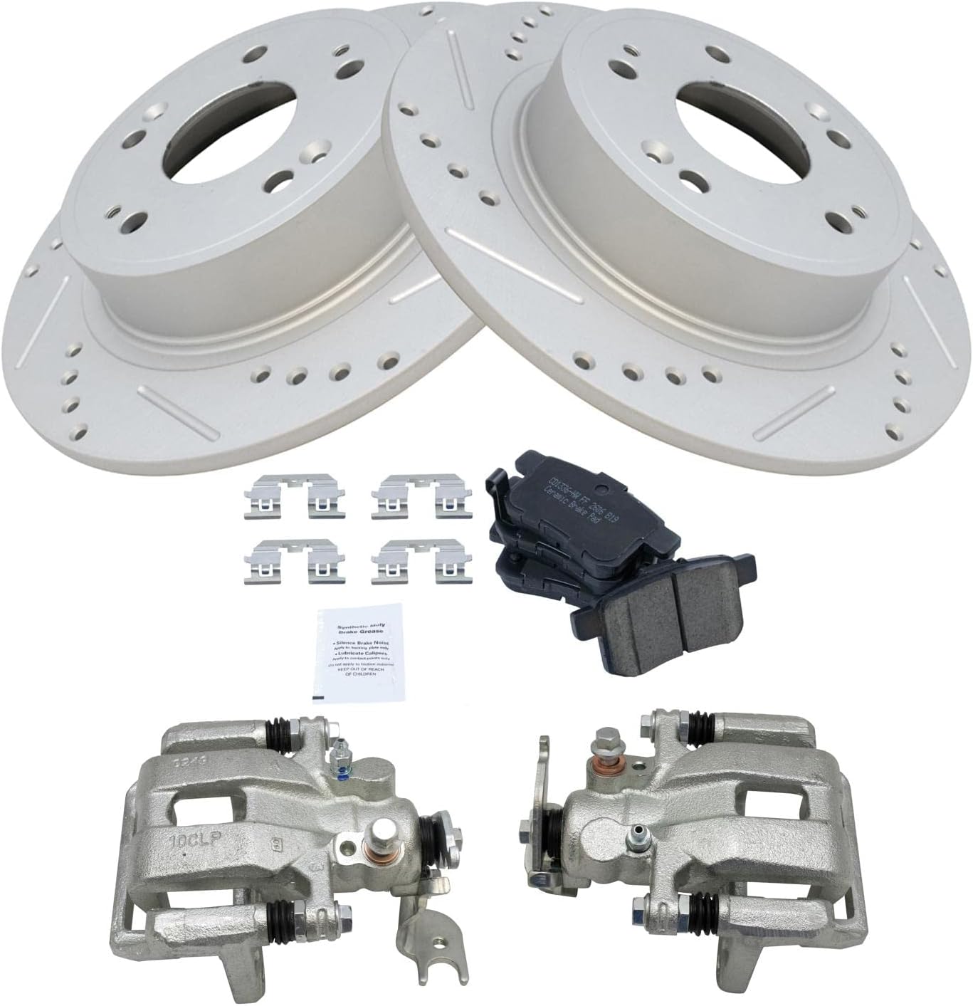 TRQ Performance Rear Brake Pad and Rotor Set Ceramic Coated Drilled Slotted Vented Rotors Calipers Compatible with 2009-2014 Acura TSX 2008-2012 Honda Accord