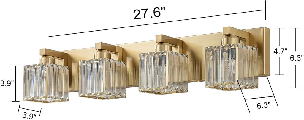 Gold Crystal Bathroom Vanity Lights, 4 Lights Bathroom Lighting Fixtures Over Mirror Modern Gold Crystal Bath Wall Light with Square Shade