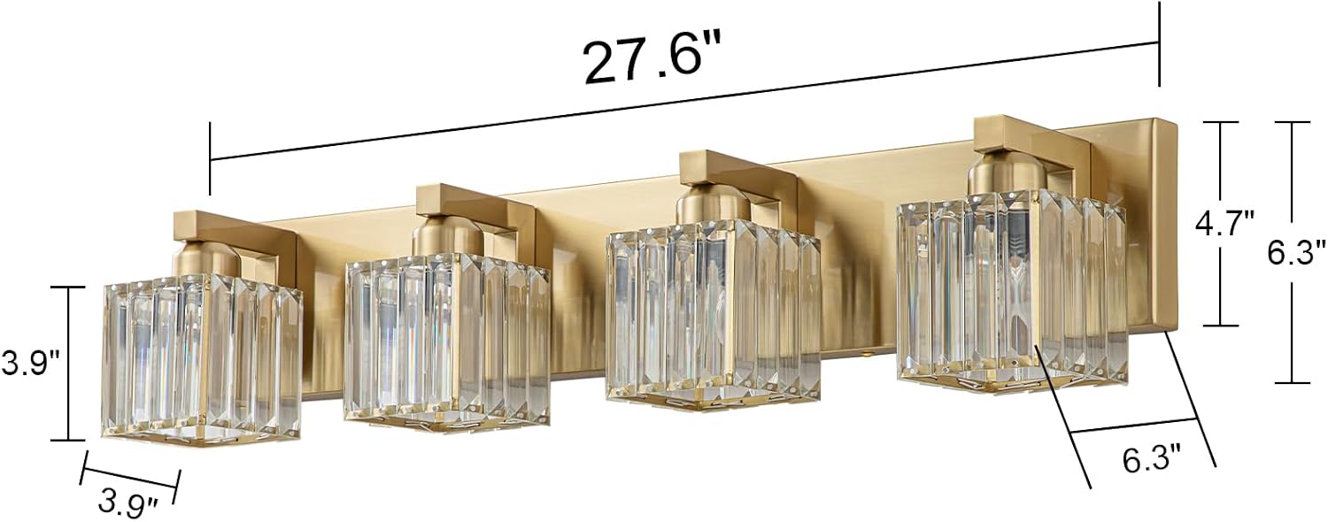 Gold Crystal Bathroom Vanity Lights, 4 Lights Bathroom Lighting Fixtures Over Mirror Modern Gold Crystal Bath Wall Light with Square Shade
