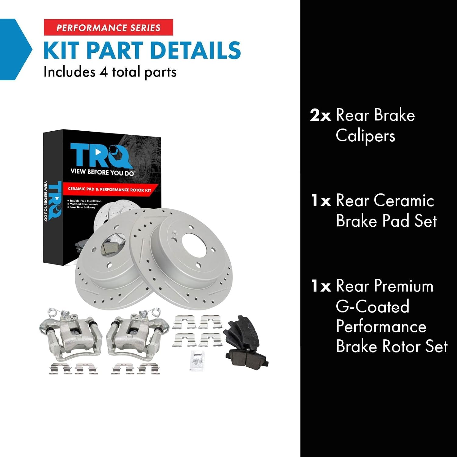 TRQ Performance Rear Brake Pad and Rotor Set Ceramic Solid G Coated Rotors Calipers Compatible with 2012-2016 Kia Rio