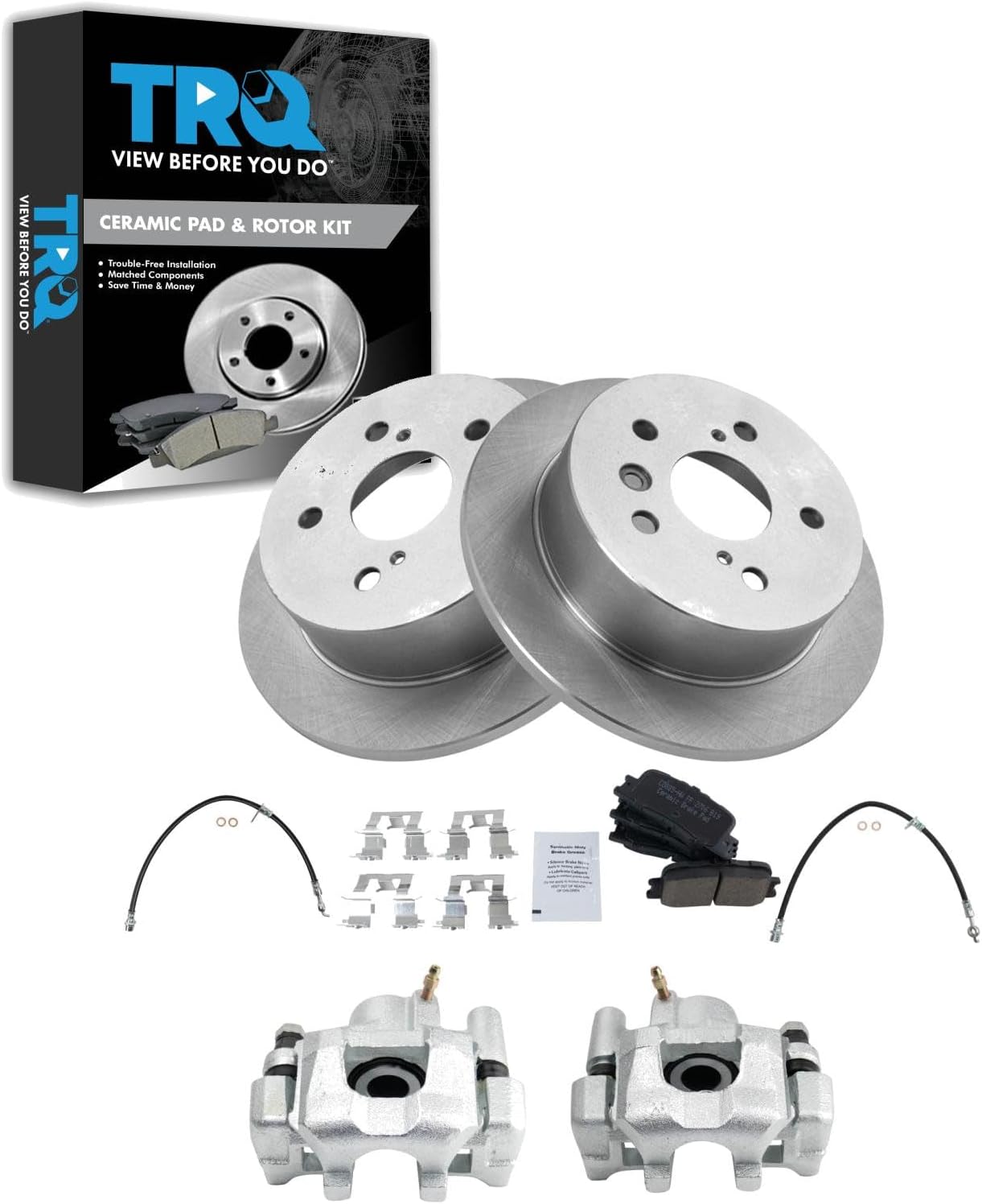 TRQ Rear Brake Pad and Rotor Set Ceramic Rotors Calipers Hoses Compatible with 2002-2003 Lexus ES300 2004-2006 ES330 2002-2006 Toyota Camry