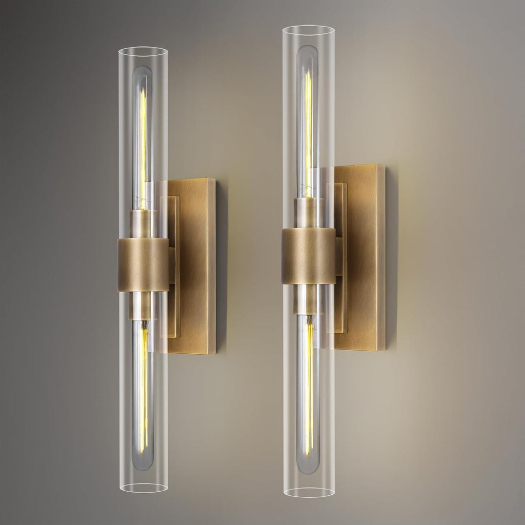 Brass Wall Sconces, 22.8' Bathroom Wall Sconce, Antique Brass Wall Sconces Set of 2, 2-Light Dimmable Wall Sconce, Sconces Wall Lighting With Glass, Bathroom Vanity Light, Tube Sconce for Living Room