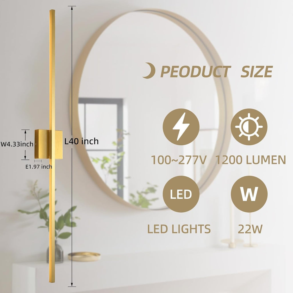 Wall Sconces Set of Two,LED Hardwired Dimmable Wall Sconce,Gold Wall Sconce for Bathroom, Living Room, Bedroom, Hardwired 3000K 40 Inch (2 Pack)