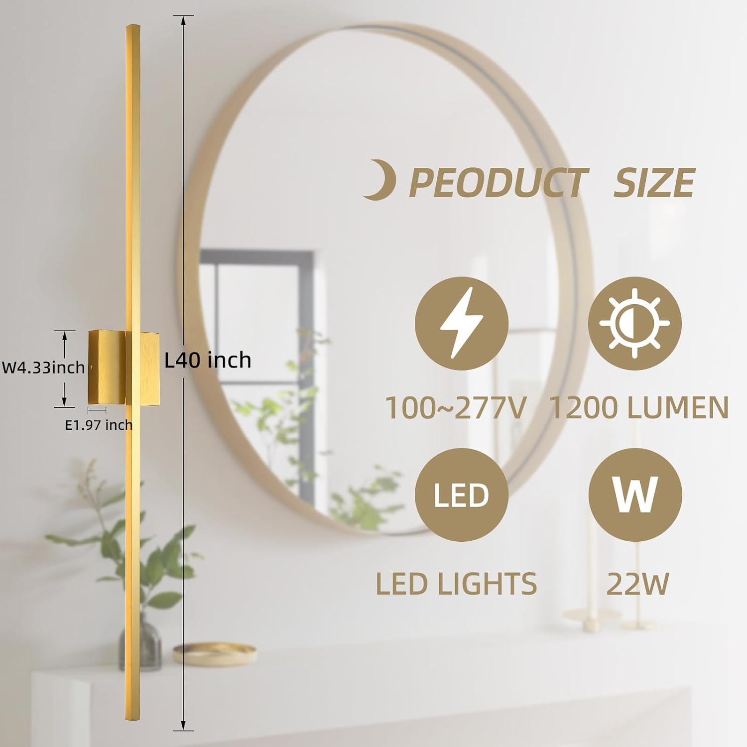 Wall Sconces Set of Two,LED Hardwired Dimmable Wall Sconce,Gold Wall Sconce for Bathroom, Living Room, Bedroom, Hardwired 3000K 40 Inch (2 Pack)