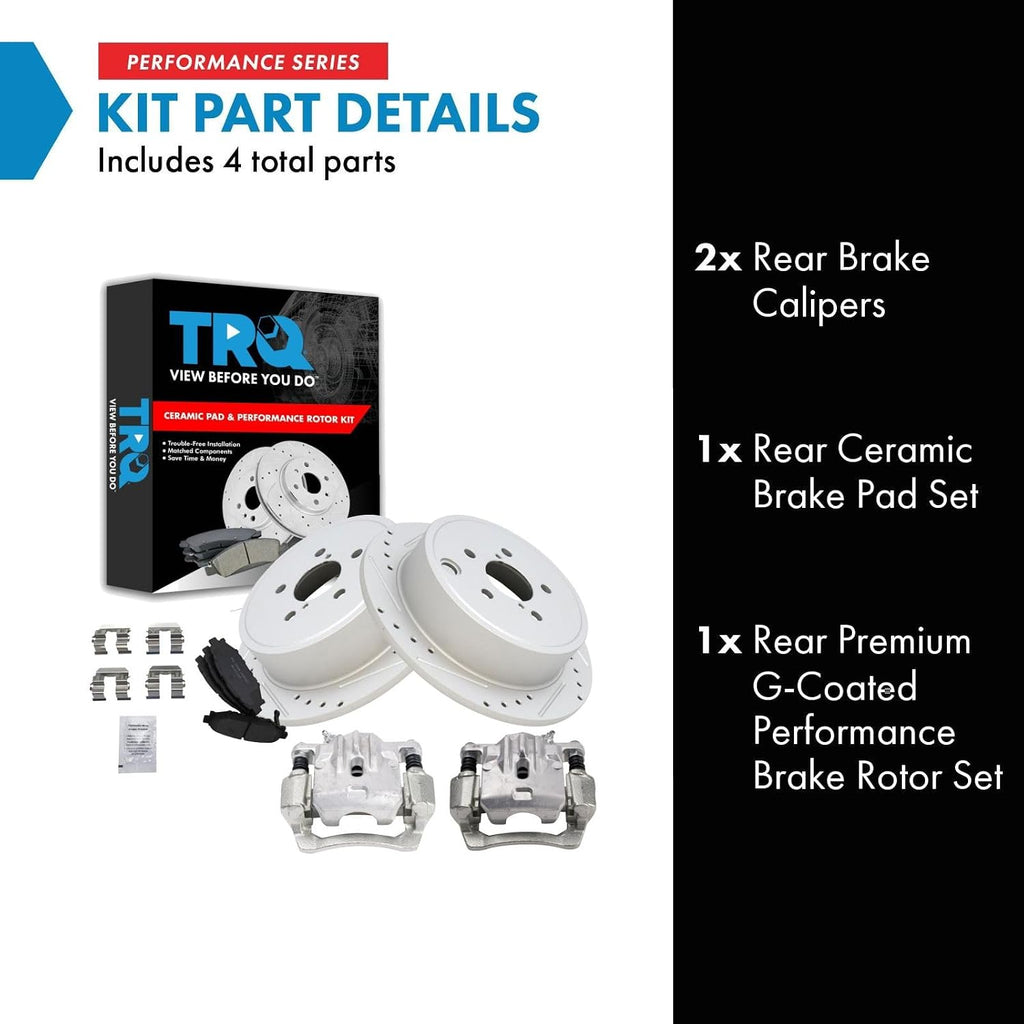 TRQ Performance Rear Brake Pad and Rotor Set Ceramic Solid G Coated Rotors Calipers Compatible with 2012-2013 Subaru Impreza
