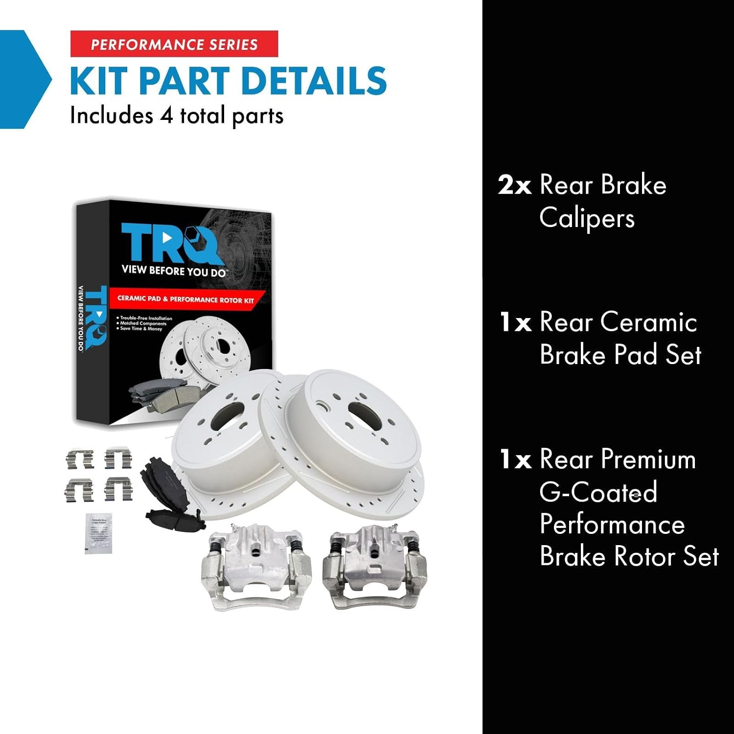 TRQ Performance Rear Brake Pad and Rotor Set Ceramic Solid G Coated Rotors Calipers Compatible with 2012-2013 Subaru Impreza