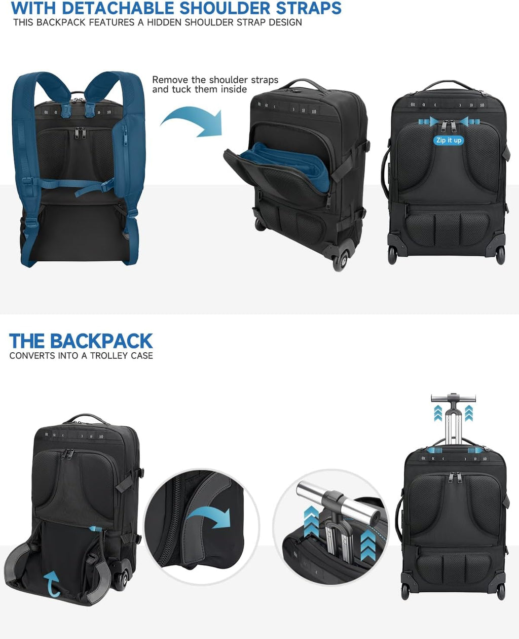 Backpack with wheels,Rolling laptop backpack with 2 Packing Cubes,Water-Resistant,Carry-On Luggage Suitcase for Men Adults to Travel, Commuting,Black