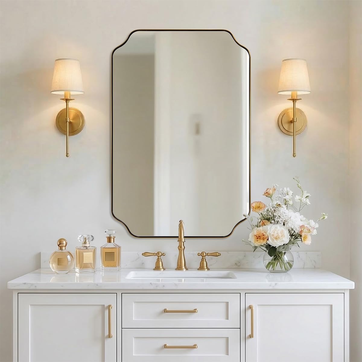 MIRRORART Gold Bathroom Mirror 24x36 Inch, Scalloped Mirrors for Bathroom Sink, Notched Corner Rectangle Mirror in 1'' Stainless Steel Metal Frame Home Remodel Wall Mount Vertical/Horizontal