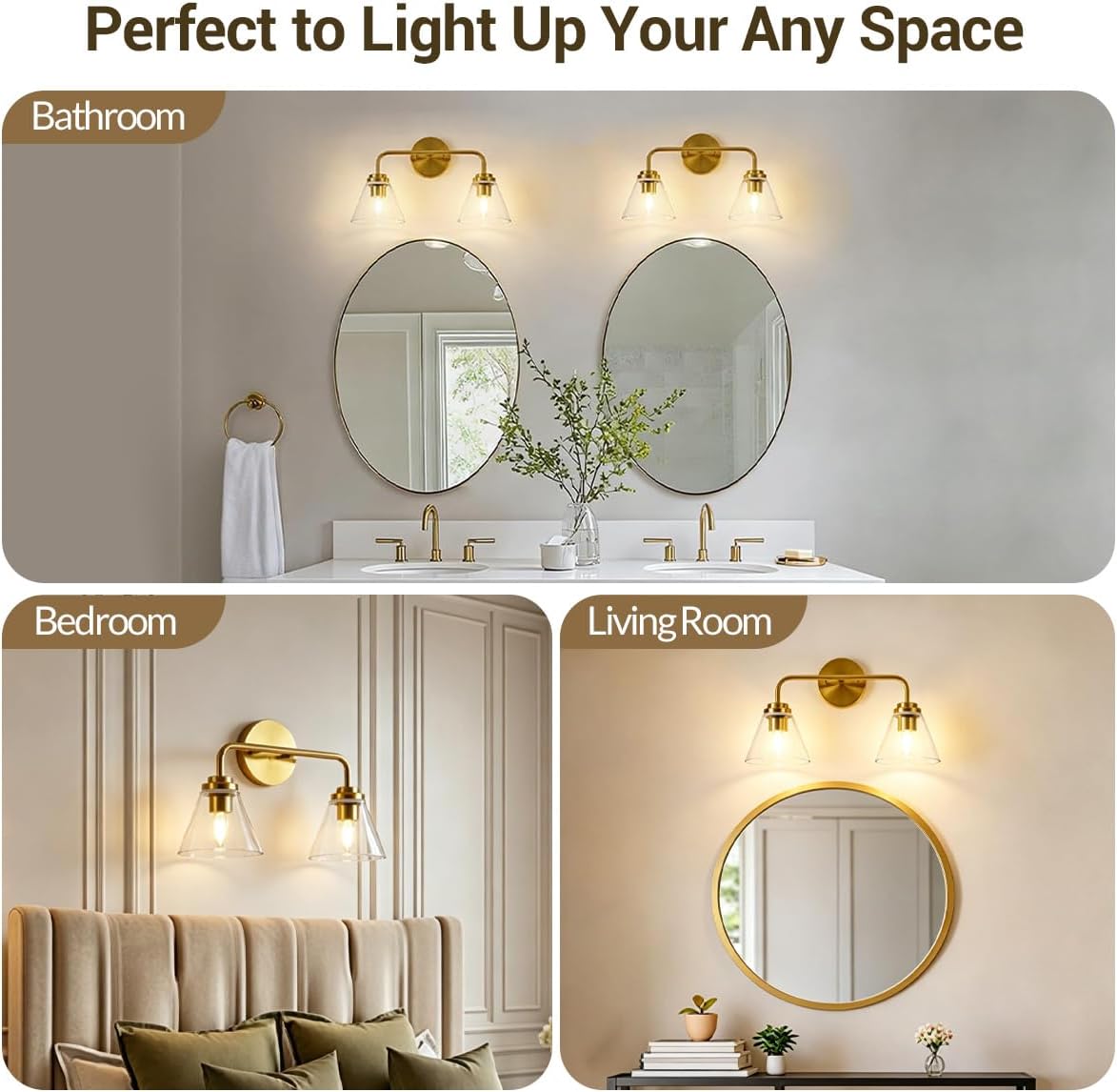 ANDY STAR Vanity Lights for Bathroom 2 Light - Brushed Gold Bathroom Light Fixtures with Clear Cone-Shaped Glass, Brass Modern Geometric Design Wall Lights for Hallway, Bedroom, E26 Base (No Bulbs)
