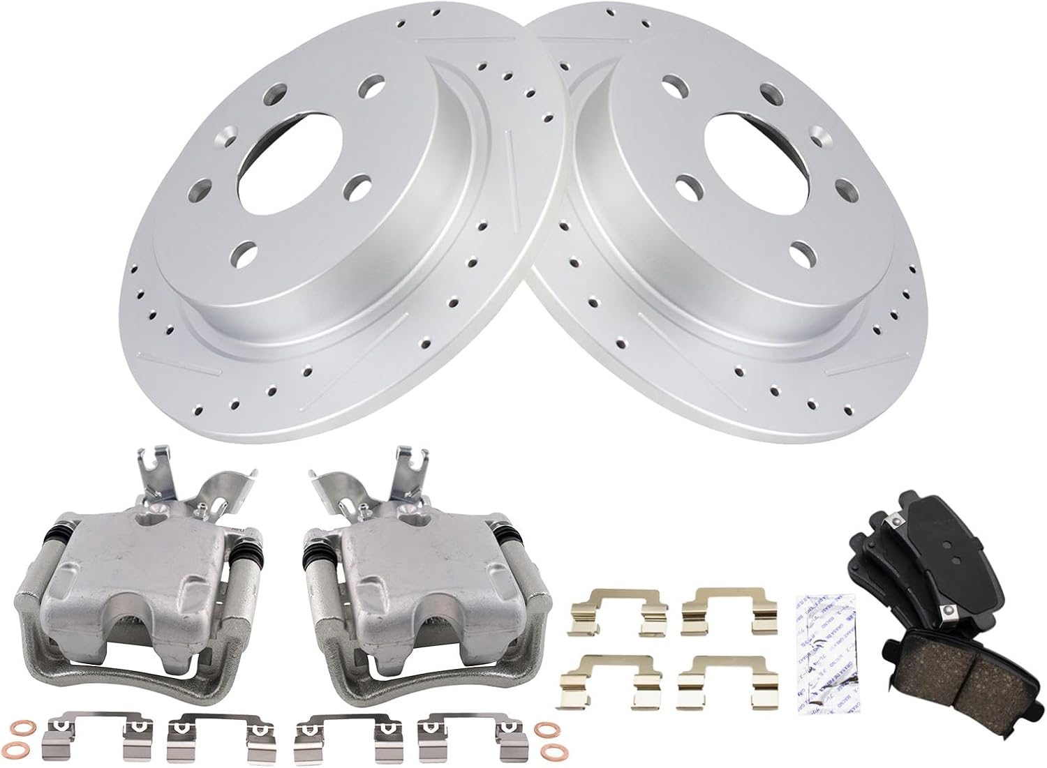 TRQ Performance Rear Brake Pad and Rotor Set Ceramic Solid Coated Rotors Calipers Compatible with 2014-2015 Chevrolet Malibu
