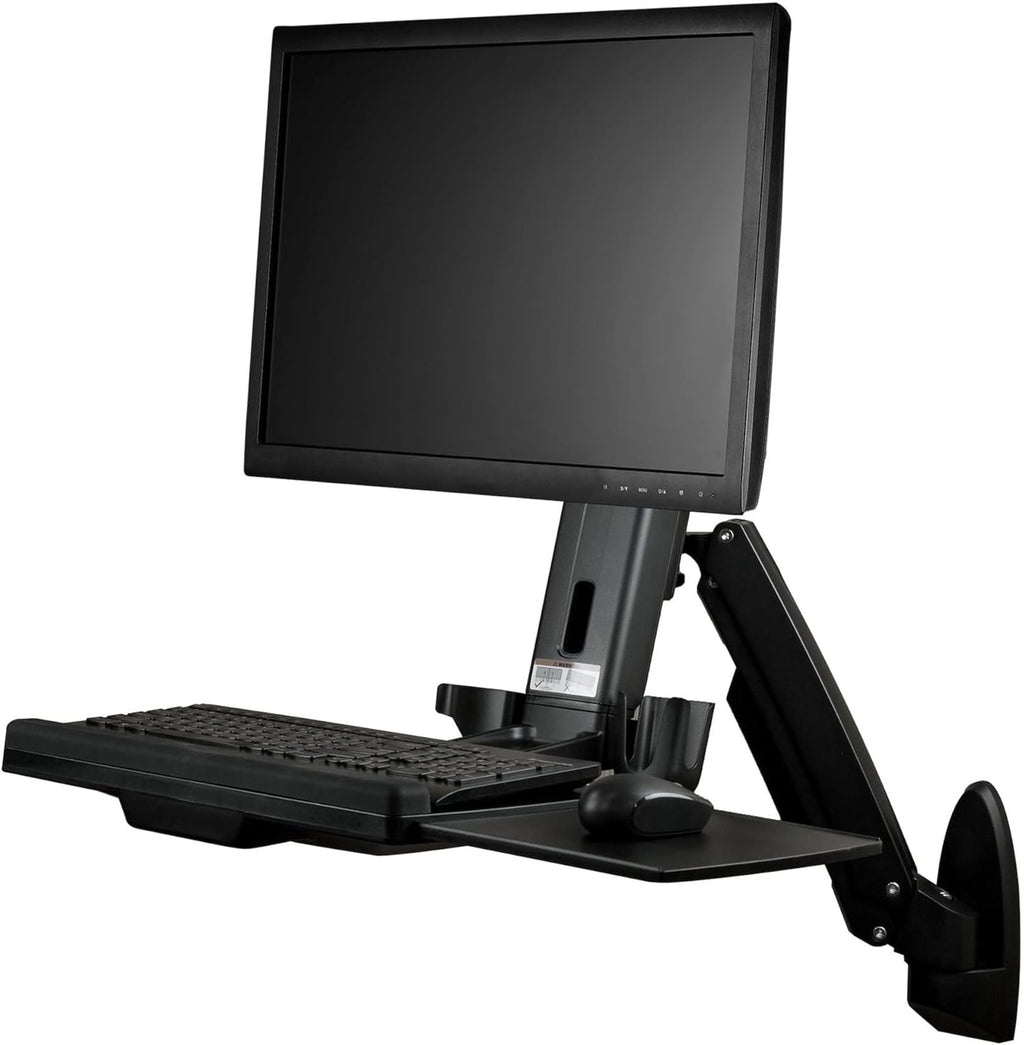 StarTech.com Wall Mount Workstation - Articulating Full Motion Standing Desk with Ergonomic Height Adjustable Monitor & Keyboard Tray Arm - Mouse & Scanner Holders - Single VESA Display, TAA