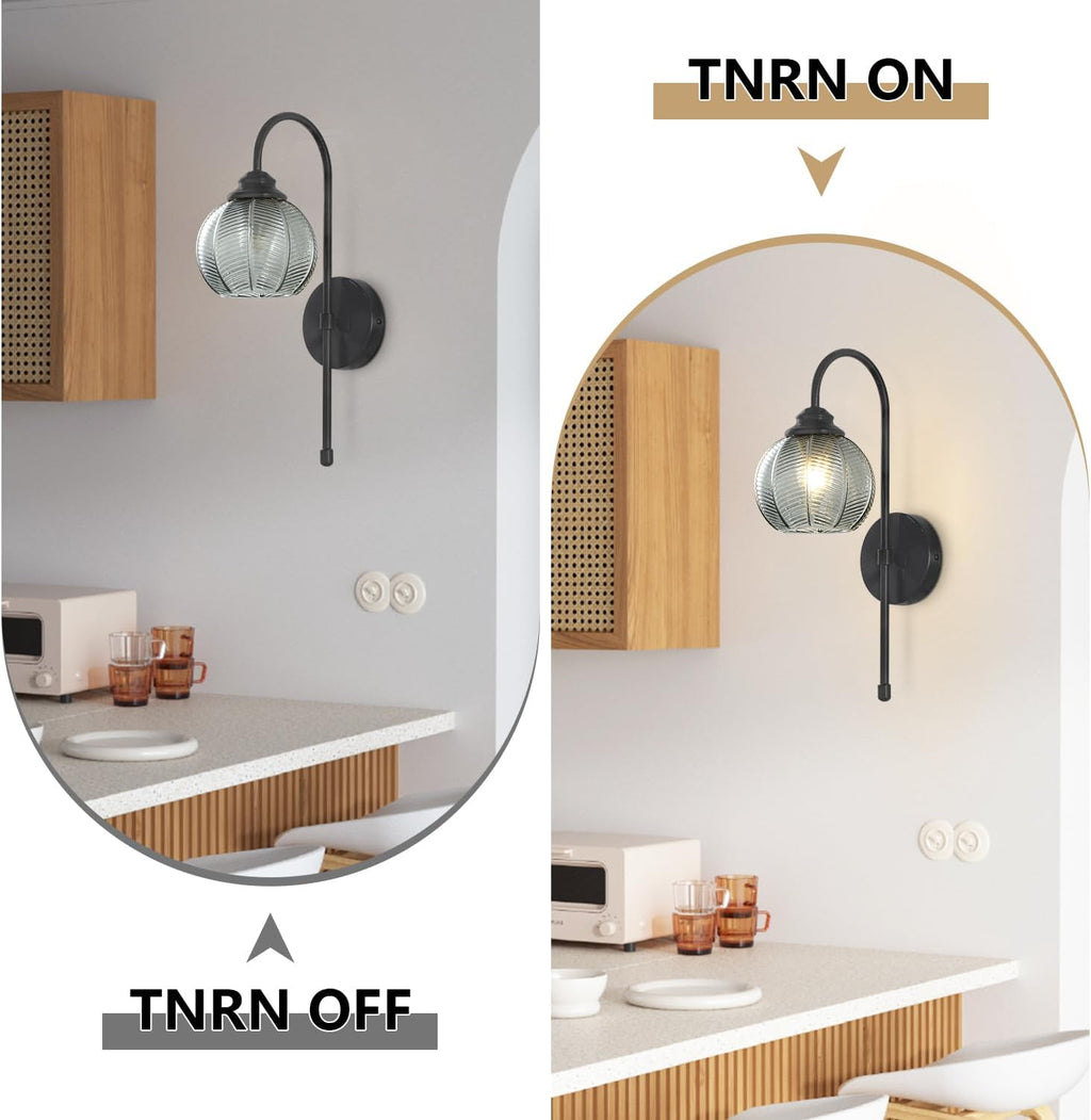 KCO Lighting Modern Glass Globe Wall Sconce Smoke Gray Glass Vanity Light Long Black Wall Sconces Set of Two Industrial Mid Century Wall Sconce Bedroom Wall Lamps Hardwired