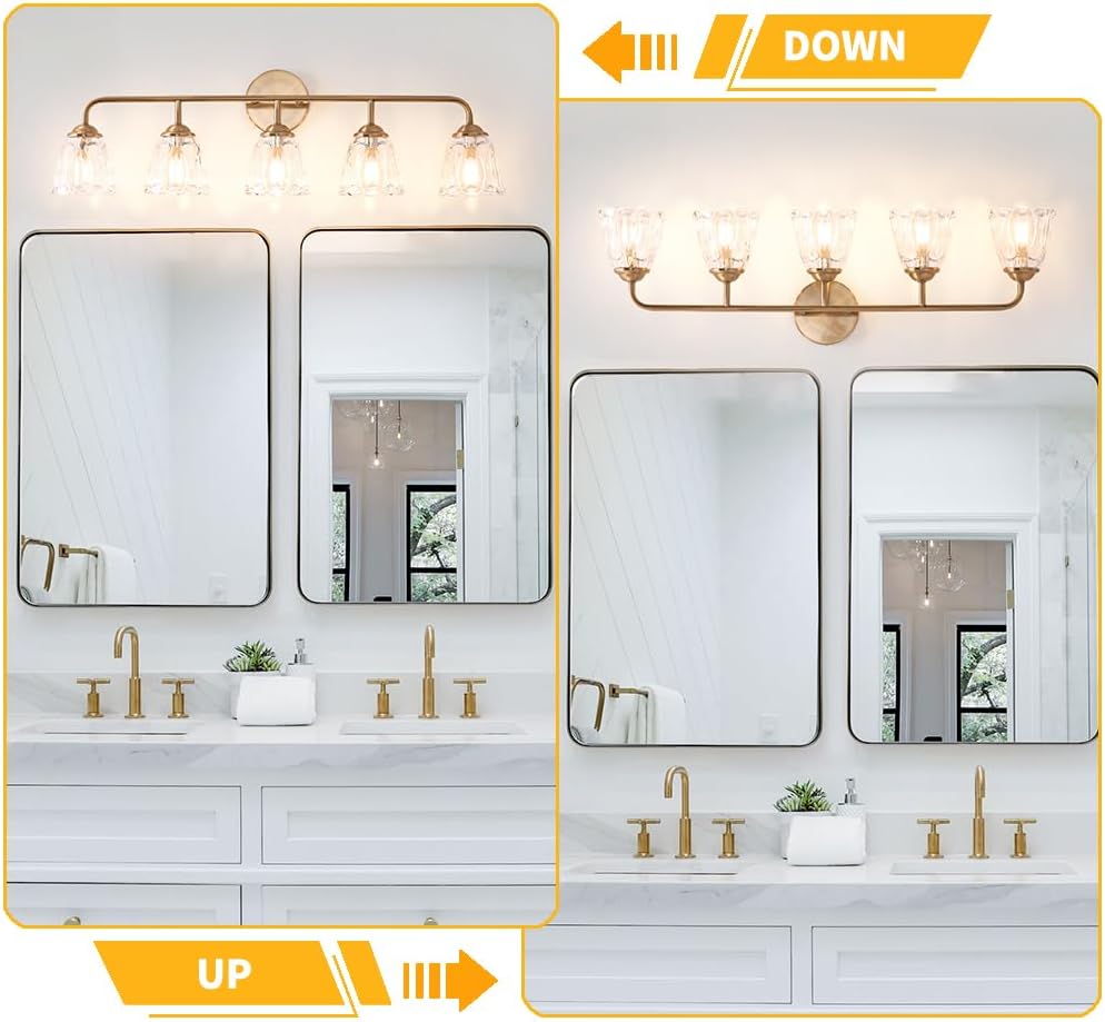 Daunton 5-Light Vintage Vanity Light, Brushed Brass Vanity Lighting, Elegant Bathroom Lighting Fixtures Over Mirror, Bathroom Vanity Light with Clear Glass Shade, Gold Wall Sconce for Bedroom