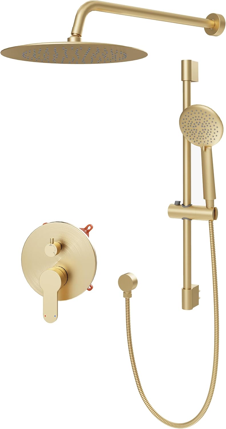 Gabrylly Shower System, High Pressure 12' Rain Shower Head with Handheld Shower, Wall Mounted Slide Bar Shower Faucet Set Complete, Shower Combo Set with Shower Valve,Brushed Gold