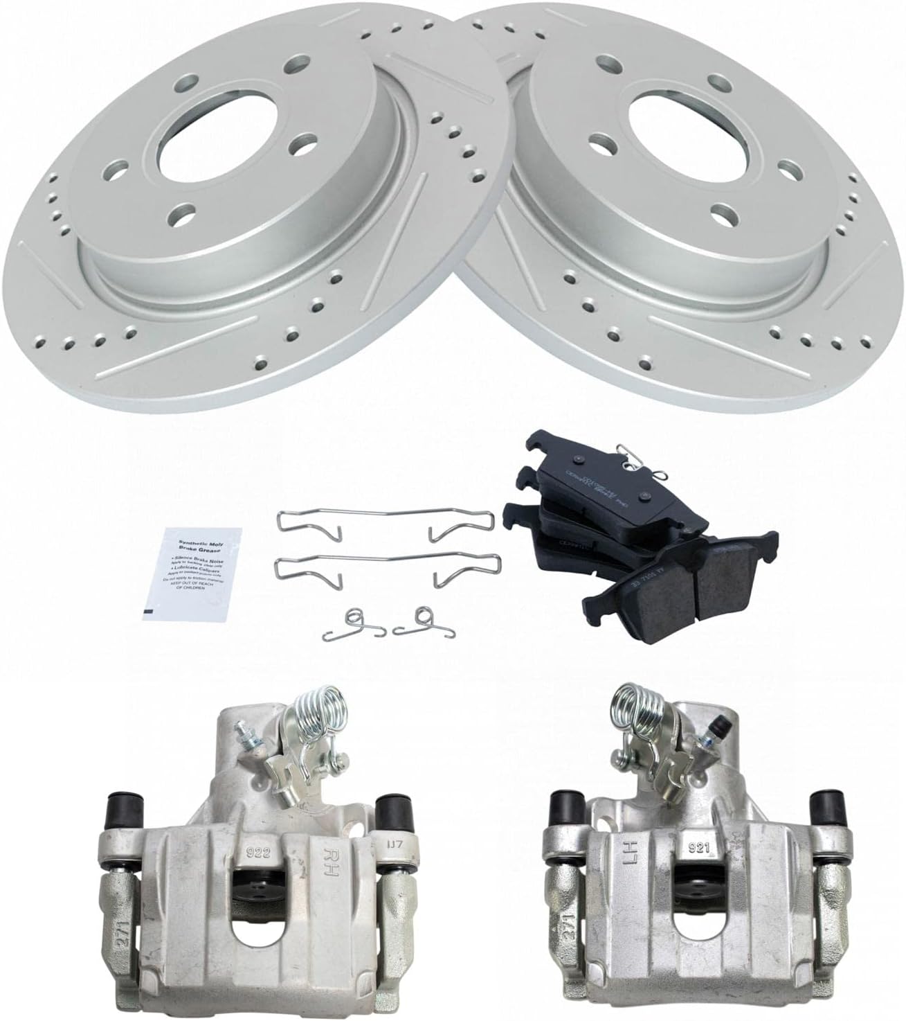 TRQ Performance Rear Brake Pad and Rotor Set Ceramic Solid G Coated Rotors Calipers Compatible with 2012-2018 Ford Focus