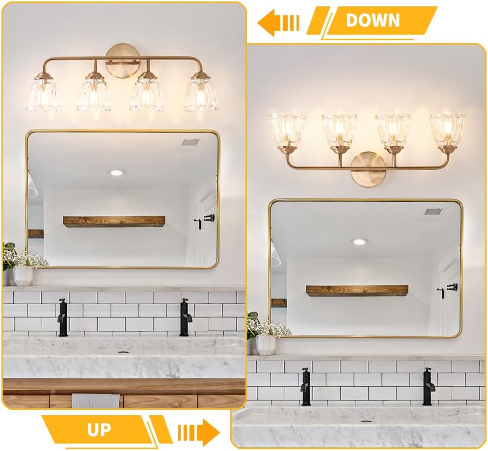 Daunton Vintage Bathroom Vanity Light, Brown Bronze Vanity Lighting, 4-Light Bathroom Lighting Fixtures Over Mirror, Elegant Flower Glass Light with Clear Shade, Gold Wall Sconce Lighting for Bedroom