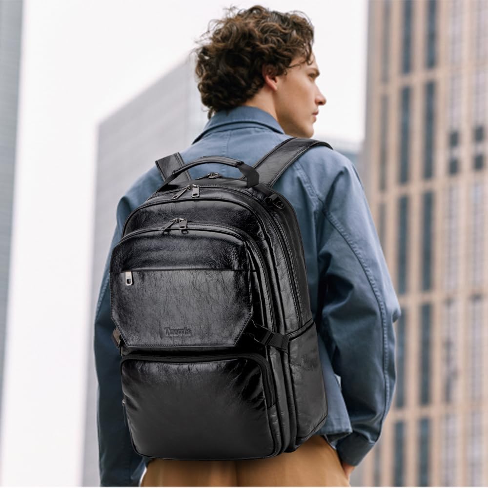Tzowla Full Grain Genuine Leather Laptop Backpack for Men and Women,Business Work Travel Slim Daypack Fits 15.6 Inch Notebook/Computer-Black