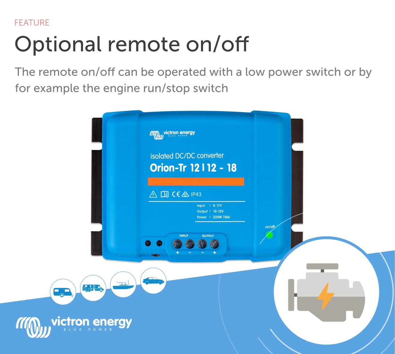 Victron Energy Orion-Tr DC to DC Converter - 12/12-Volt 18 amp 220-Watt - IP43 Protected - for Dual Battery Systems - Isolated