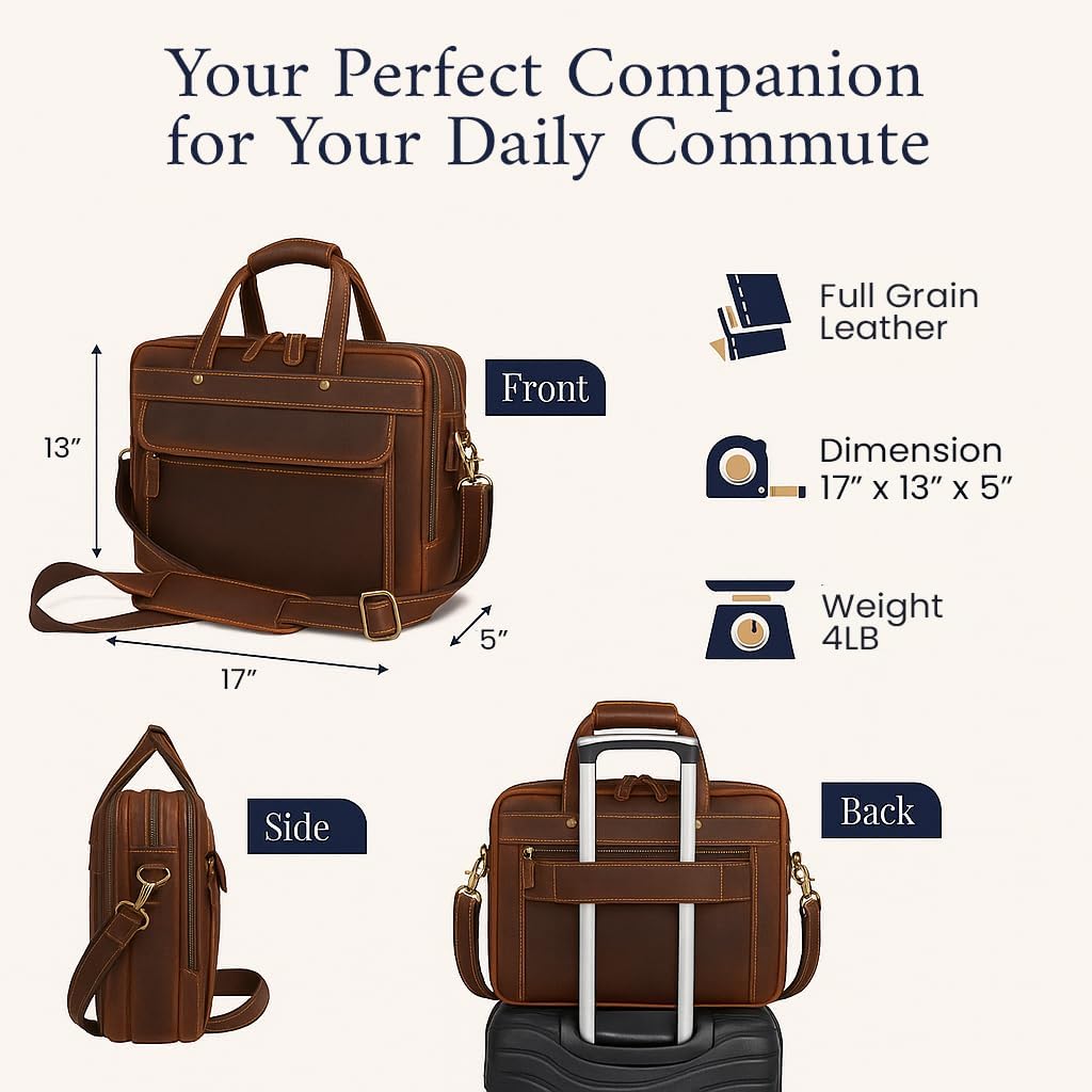 Luxorro Professional Leather Briefcase for Men with YKK Zippers – TSA-Friendly, Fits 17' Laptop, Handcrafted Full-Grain Leather, Ideal Executive Gift (Dark Brown)