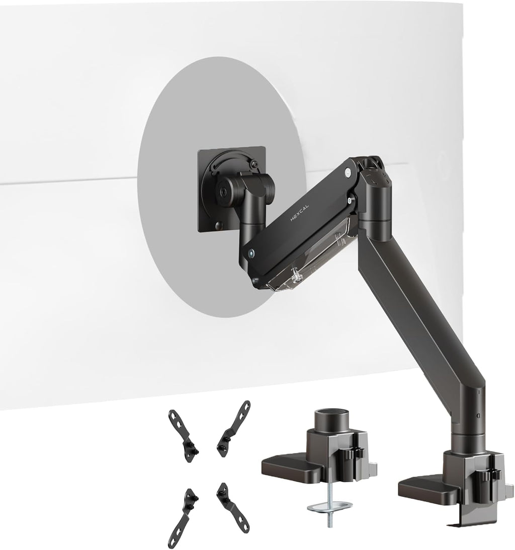 Hexcal Heavy Duty Monitor Arm for 57' Ultrawide Screens, Support up to 59.4 lbs, Full Motion Desk Mount with Quick Release VESA (75/100/200mm), C-Clamp & Grommet Base, Space-Saving Design