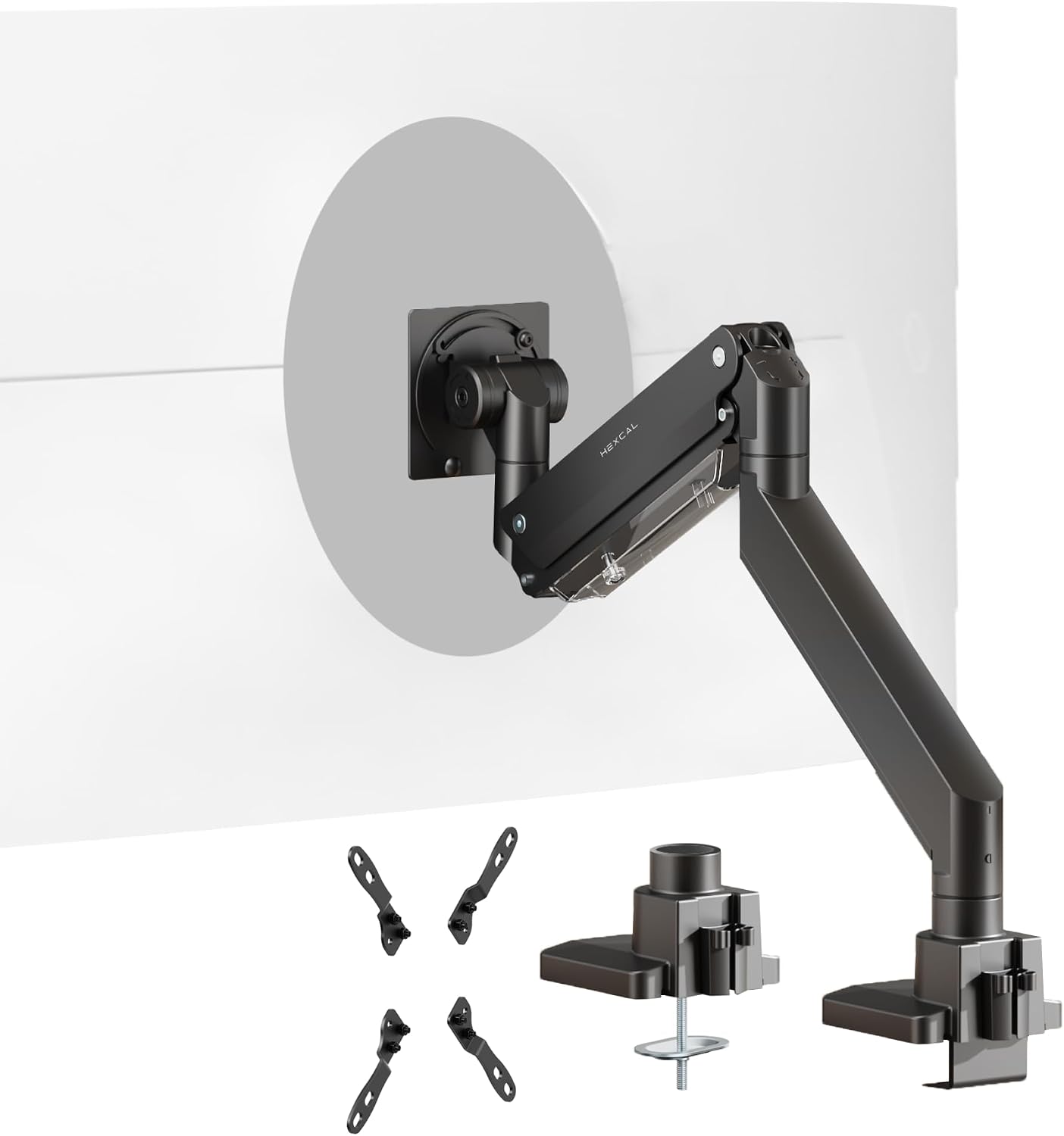 Hexcal Heavy Duty Monitor Arm for 57' Ultrawide Screens, Support up to 59.4 lbs, Full Motion Desk Mount with Quick Release VESA (75/100/200mm), C-Clamp & Grommet Base, Space-Saving Design