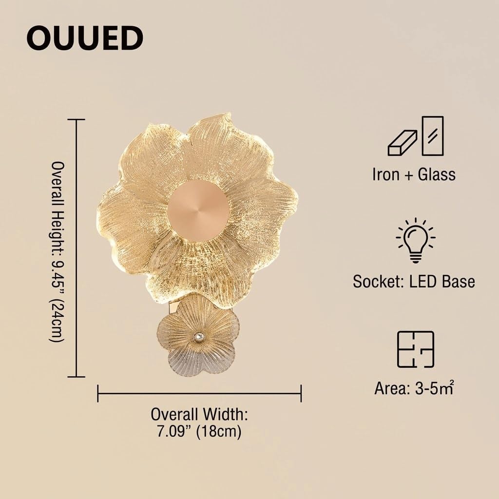 Luxury Art Deco Golden Wall Sconce, Exquisite Hammered Glass Petals Floral Light Fixture, Elegant Gold Tone Flower Lamp, Vintage Decorative Sconce for Bedroom, Hallway and Living Room